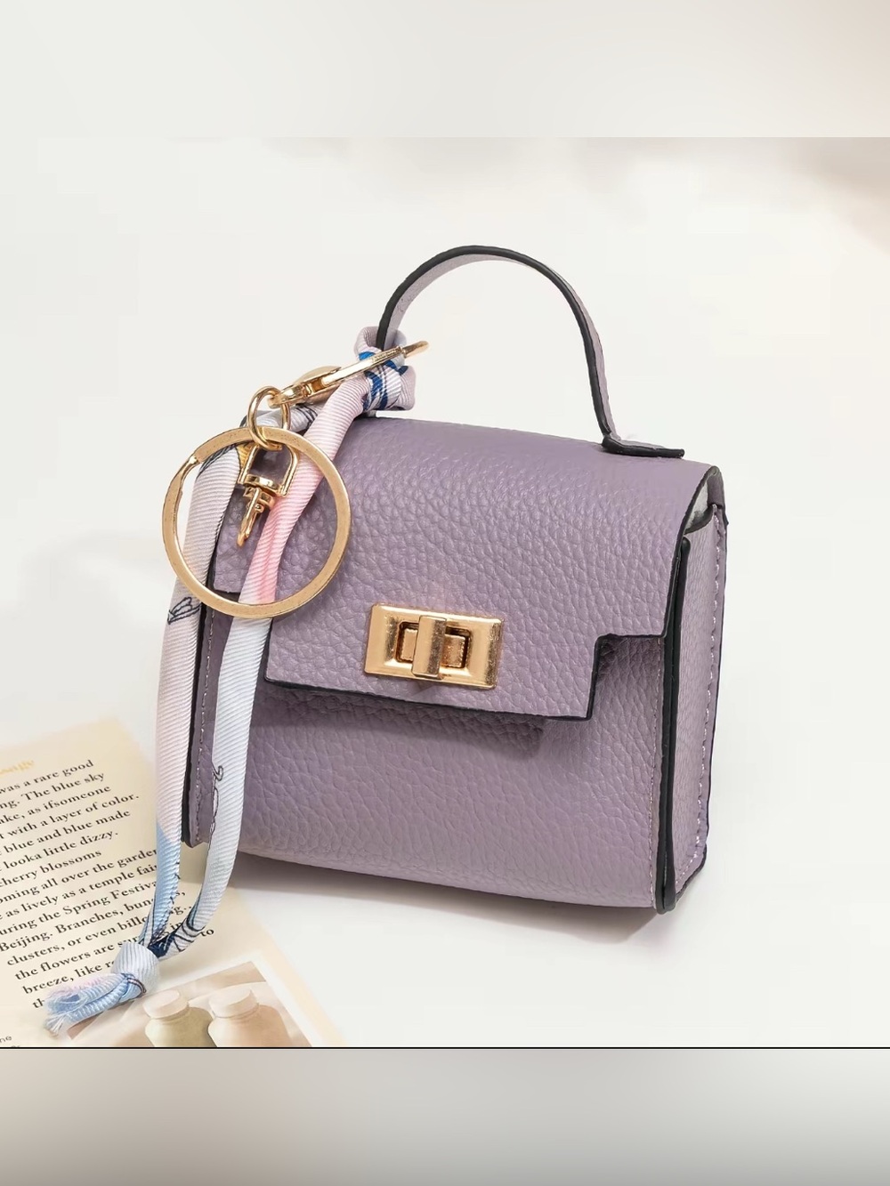 Purple Mini Satchel Crossbody Bag with Gold Hardware Bag Charm/Keychain